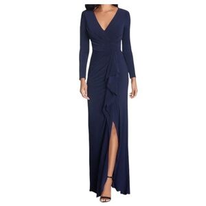 Betsy & Adam Elle Side Ruffle Slit Gown